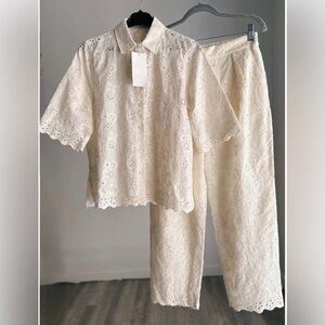 Zara Cream Eyelet Top & Pants Set